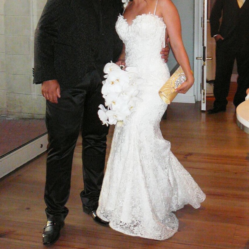 Pnina tornai strapless lace long train bridal gown